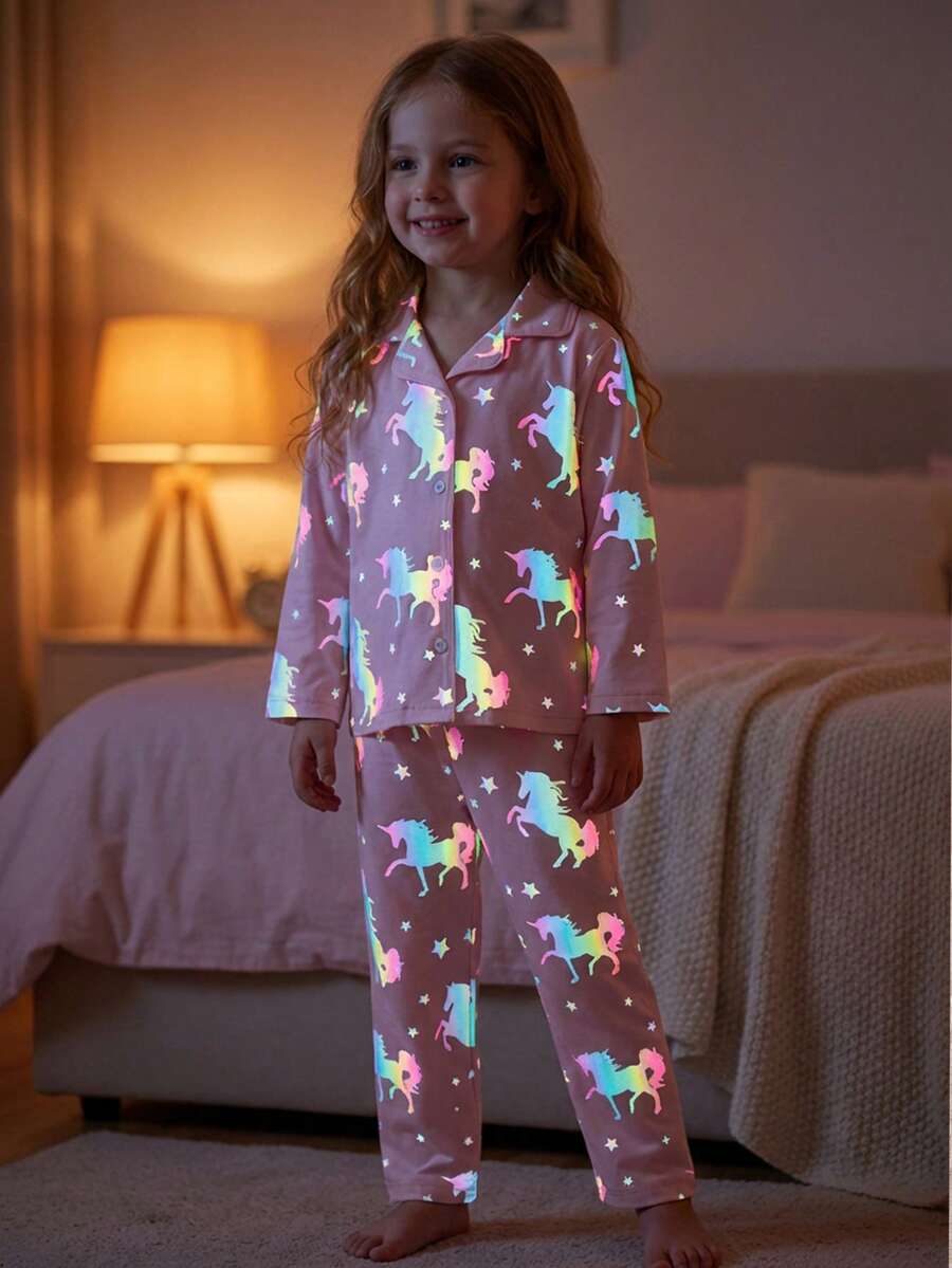 Young Girls Pajamas-2 Pieces Pajama Set This Product Requires UV Light Exposure To Glow Unicorn Pajama Set Pink Collared Long Sleeve Button Up Top With Matching Long Pants Magical Neon Horse Stars Sleepwear Loungewear Four Season Holiday 2026 Gift Essential Bedtime Favorite - Multicolor - View 1