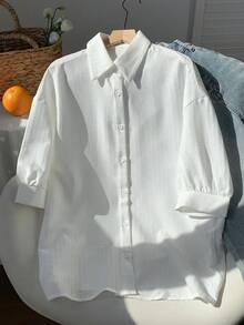 SHEIN EZwear Linen Solid Drop Shoulder Button Front Beach Shirt - White - View 5