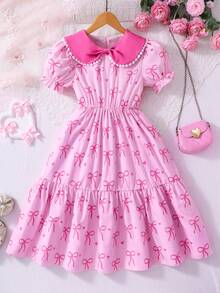 Girls' Peter Pan Collar Elastic Puff Sleeve Short Sleeve Dress, Cinched Waist, Cute & Sweet, Digital Print Mid-Length Children Dress, Princess Dress - Pink - View 7
