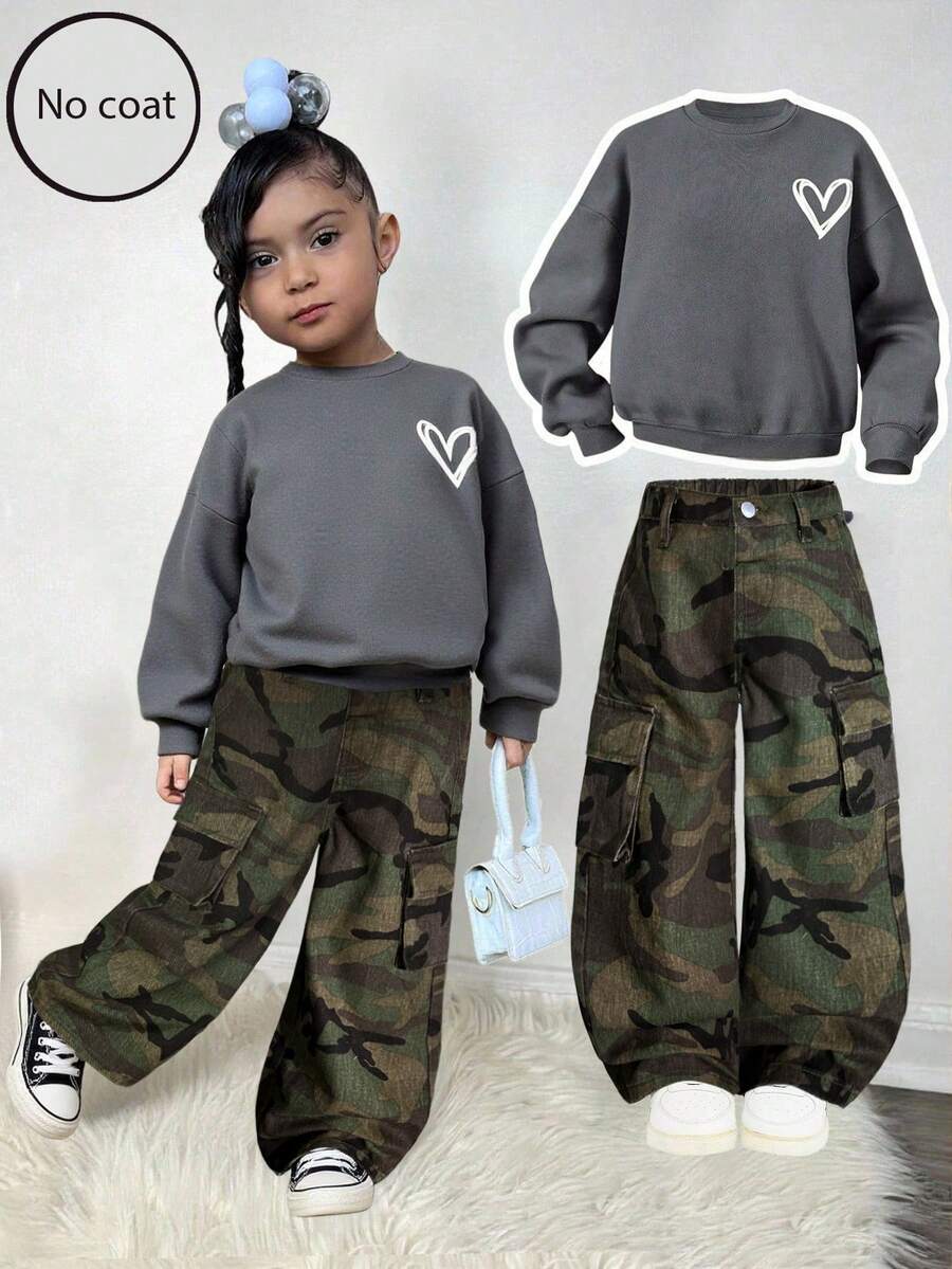 SHEIN Jeans de ajuste holgado con estampado de camuflaje y ramas para niña - Multicolor - Ver 1