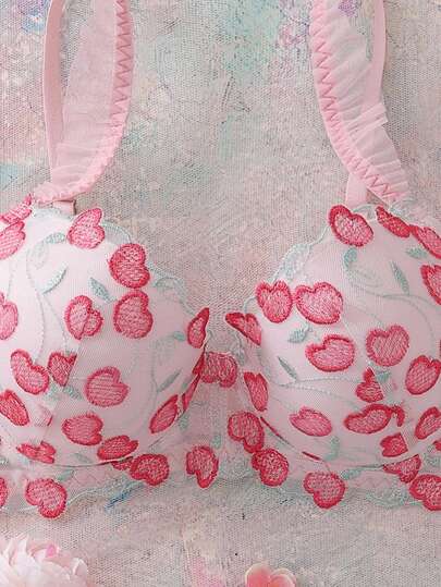 FloralLove Pink Lace Patchwork Underwire Bra With High Support, Lift And Gather, Cute And Charming Women's Lingerie
