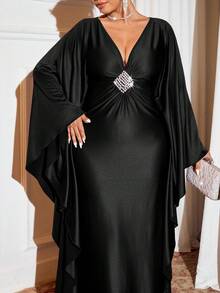 Cravure Vestido largo de fiesta/banquete de punto con escote en V profundo, decoración de cuentas y volumen, talla grande, color borgoña - Negro - Ver 6