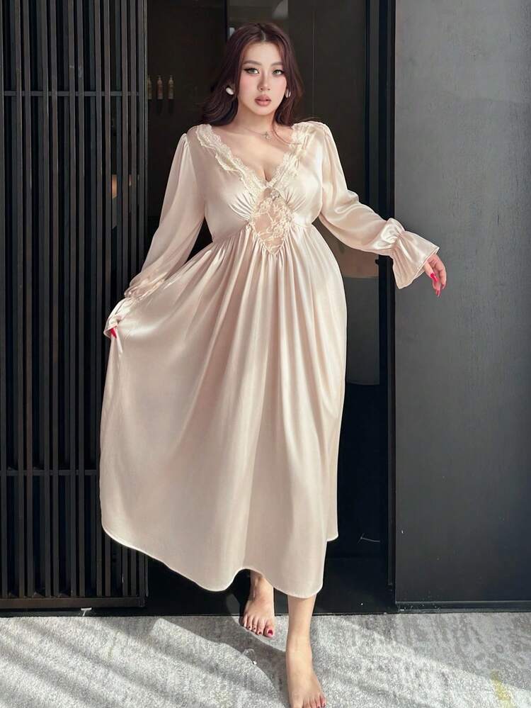 Dazy Plus Satin Contrast Lace V-Neck Sexy Flare Sleeve Long Nightgown