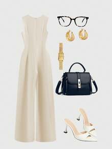 Lyxana Women's Fashionable & Elegant Sleeveless Jumpsuit With Bow Tie - Beige - View 2