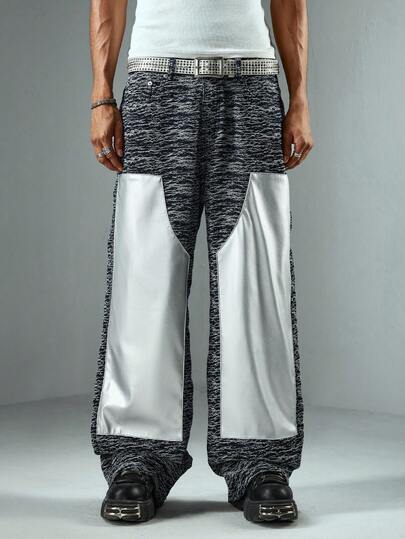 Street Life Jeans anchos y sueltos con bolsillos de PU brillante plateado en patchwork para hombres