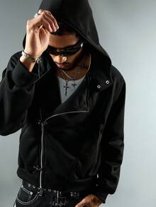 ROMWE MEN Goth Men's Casual Versatile Airplane Buckle Zipper Hoodie - Black - View 2