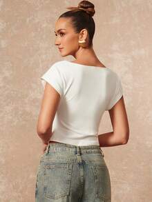 Lumalex Early Spring 2-Way Wear Dropped Shoulder Draped Waist Metal Buckle Short Sleeve Soft & Comfortable Women T-Shirt Vacation Birthday Wedding Guest Wedding Party Summer Holiday Beach Luxury Look Quiet Luxe Prom Gathering Party Banquet Modest Old Money Rave Festival Richly Layered Al-Adha Party Crop Tops Women Button Front Top Cowl Neck Top - White - View 3