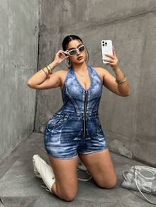 POPSWAY 时尚牛仔印花露背弹力针织连体衣 - 藍色 - 查看 5