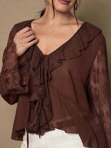 Freevana 大码波西米亚风棕色雪纺蕾丝拼接V领荷叶边系带喇叭袖衬衫，独特设计春季女式衬衫 - 棕色 - 查看 3