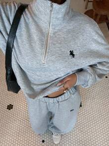 SHEIN EZwear New Autumn Clothes Old Moeny  Light Grey Embroidered Half-Zip Turtleneck Long Sleeve Sweatshirt And Sweatpants Set Grey Sweats Grey 2 Piece Set - Light Grey - View 6