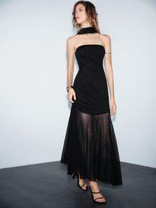 Lumivelle Valentine's Day Women's Elegant Bandeau Patchwork Flowy Dress  Summer Dress Black Dressdress For Wedding Guest - Black - View 4