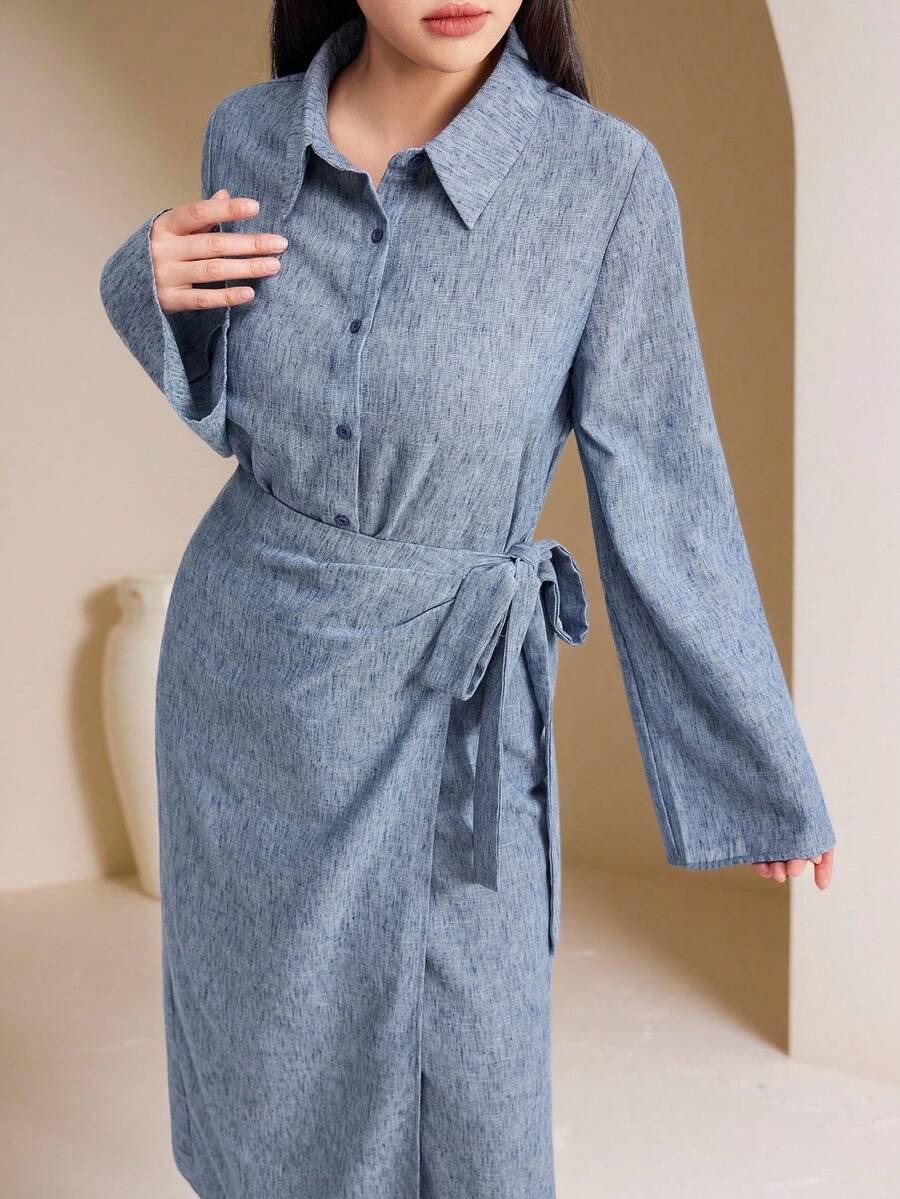 Veilorie 2pcs Women's Arabic Style Outfit (Long Sleeve Top And Skirt Set) - Blue - View 1