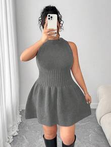 Elenzga Plus Size Women Autumn/Winter Knitted Sleeveless Dress With Ruffle Hem, Solid Color Sweater Dress - Dark Grey - View 6