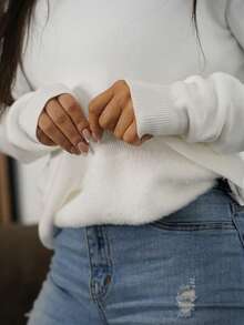 SAYEHFBABY 1 pièce Pull à col rond à manches longues doublé thermique confortable pour femmes, pull épais et chaud tricoté pour l'automne/l'hiver - Blanc - Voir 3