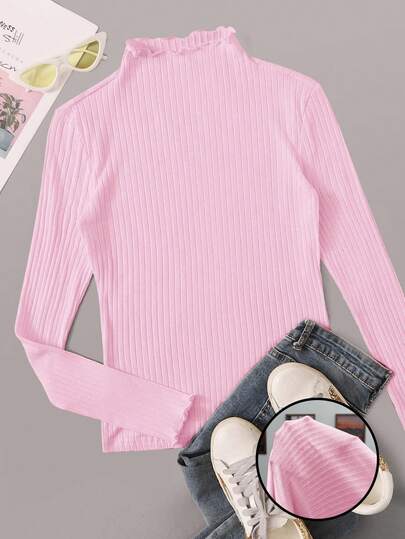 SHEIN EZwear 女士加大码荷叶边领长袖休闲罗纹针织粉色T恤