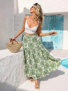 Vivid Eden Women Elastic Waist Loose Bohemian Floral Print Skirt,Summer Clothing,Vacation Style,For Beach Vacation - Green - View 6