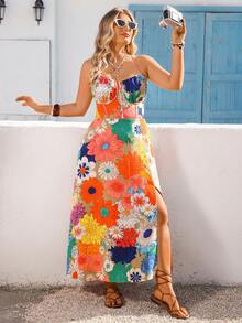 Vivid Eden Vestido casual de vacaciones con tirantes finos y estampado floral para mujer talla grande, romántico para primavera/verano con abertura lateral - Multicolor - Ver 5