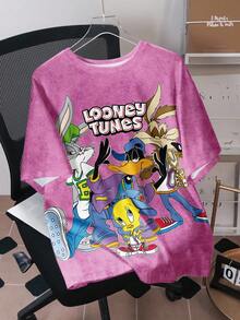 LOONEY TUNES X SHEIN Men's Casual Letter & Cartoon Pattern Round Neck Short Sleeve T-Shirt, Summer - White - View 1