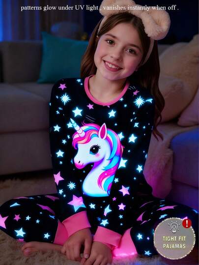 Conjunto de pijama de niña con estampado de unicornio, estrellas de colores y cuello redondo de punto con iluminación, de ajuste cómodo y ceñido, con top de manga larga y pantalones, color negro