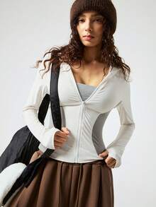 Zielony 女士常规款外套，撞色拼接连帽拉链修身运动上衣，瑜伽健身日常腰部抽绳长袖外套 - 米色 - 查看 4