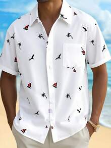 SHEIN Áo sơ mi ngắn tay màu trắng dành cho nam thiếu niên, in hình cây cọ nhiệt đới, thuyền và chấm bi, kiểu dáng giản dị, thoải mái, đa năng, phù hợp mặc hàng ngày, đi học, du lịch, lễ hội âm nhạc, tiệc tùng, kỳ nghỉ hè ở bãi biển. Áo sơ mi mùa hè, áo sơ mi in họa tiết nhiệt đới, áo sơ mi đi biển, áo sơ mi nam thường ngày. - trắng - Xem 3
