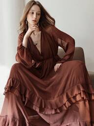 Aveloria Modichic Elegant Multi-Layer Ruffle Tie-Up Sexy Deep V Brown Chiffon Pleated Long Sleeve Dress
