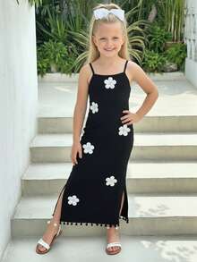 Emery Rose Kids Emery Rose Kids Đầm dự tiệc dáng ôm cổ yếm in hoa thanh lịch dành cho bé gái, dây mảnh, chân váy xòe có nơ, thích hợp mặc hàng ngày. - màu đen - Xem 5