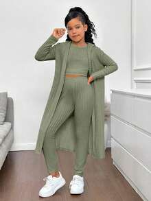 SHEIN 3pcs/Set Tween Girls Long Jacket + Vest + Leggings, Casual Versatile Fashion Outfit - Army Green - View 4