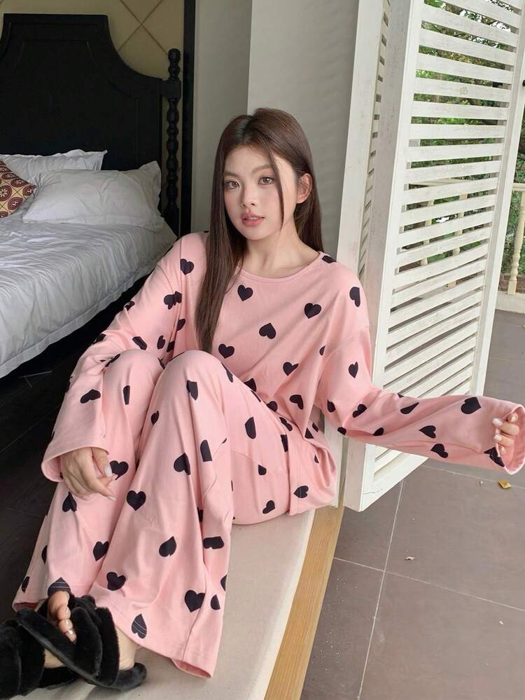 Dazy Plus Plus Size Women Heart & Polka Dot Print Loose Long Sleeve Top And Straight Leg Pants Pajama Set, Spring/Summer/Autumn