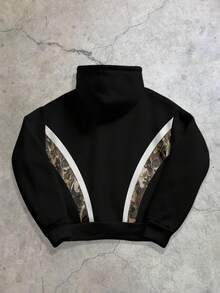 Manfinity Roghcode Áo hoodie dáng rộng thoải mái, dày dặn, lót giữ nhiệt, họa tiết lá rằn ri, phối nhiều mảnh, thời trang cho các buổi hẹn hò và tụ họp, món quà tuyệt vời cho bạn trai. - màu đen - Xem 2