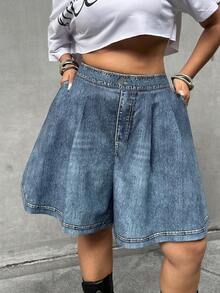 POPSWAY 大尺碼女款休閒牛仔風長版短褲，優雅通勤風，春夏款 - 藍色 - 查看 6