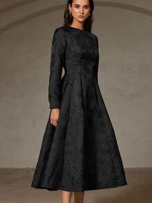 BELROSIE Elegant Vintage Style Round Neck Long Sleeve Waist Cinched Jacquard Flared Dress - Black - View 4