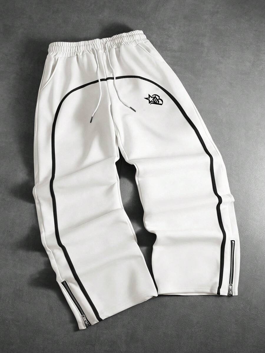 PAVTROS 男士五角星印花抽绳腰带口袋阔腿宽松休闲运动裤 - 白色 - 查看 1