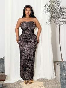 Maweii Plus Size Fashionable Sexy Leopard Print Hollow Out Dress - Black - View 3