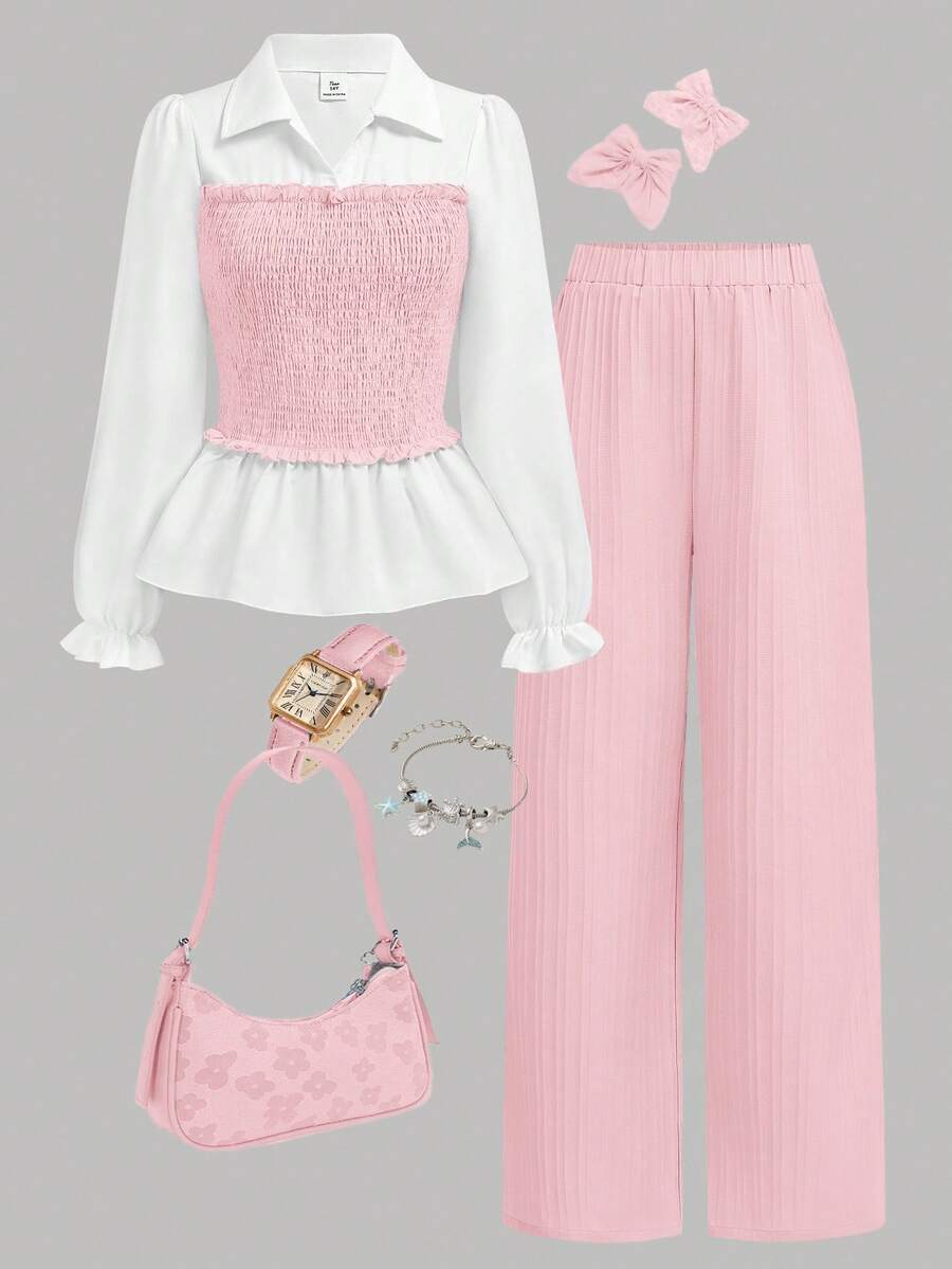 SHEIN Girlism 2pcs/Set Teen Girls Patchwork Long Sleeve Top And Pants,Light Pink,Summer,Y2k,Sweet 16,Back-To-School,Elegant Leisure Wear For Spring/Autumn Winter - Pink - View 1