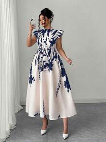 Elenzga 大码优雅印花长裙，荷叶边装饰，修身剪裁，适合度假、海滩派对、休闲聚会，春夏皆宜。 - 藍色 - 查看 1