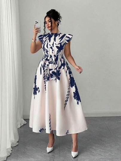 Elenzga Plus Size Elegant Floral Print Maxi Dress With Ruffle Trim, Flattering Fit For Vacation, Beach Party, Casual Gathering, Suitable For Spring/Summer