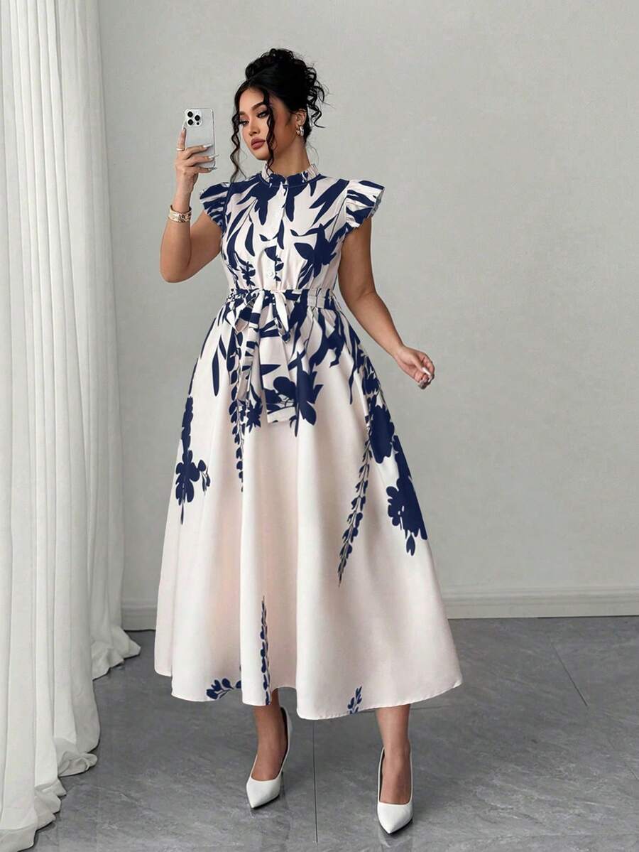 Elenzga 大码优雅印花长裙，荷叶边装饰，修身剪裁，适合度假、海滩派对、休闲聚会，春夏皆宜。 - 藍色 - 查看 1