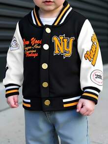 SHEIN 男童字母徽章休闲棒球夹克，酷炫街头风格，适合日常外出、学院风、搭配、派对 - 黑色 - 查看 3