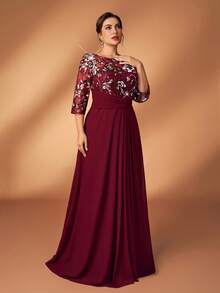 Serin Abito elegante e romantico in vino rosso con maniche a 3/4, in chiffon di lusso con perline e vita arricciata a vita, adatto per matrimoni, feste, celebrazioni, abiti da sera formali, madre della sposa - Bordò - Visualizzare 7