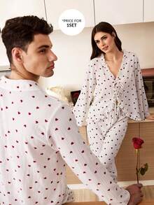 CoupledUp Heart Print Contrast Trim Men's French Style Neutral Romantic Casual Pajama Set