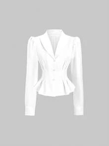 SHEIN Sweetro 优雅法式复古浪漫宫廷风OL通勤系列高质感休闲约会度假简约腰部羊腿袖白色衬衫，春/秋/冬 - 白色 - 查看 1