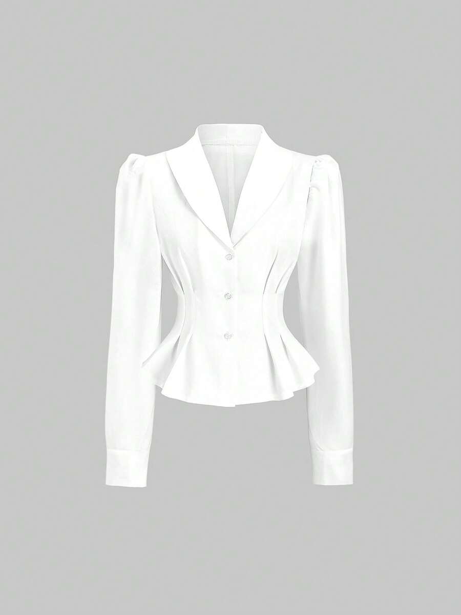 SHEIN Sweetro 优雅法式复古浪漫宫廷风OL通勤系列高质感休闲约会度假简约腰部羊腿袖白色衬衫，春/秋/冬 - 白色 - 查看 1