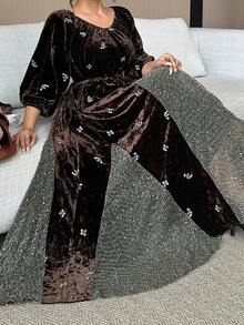 Dazy Plus Velvet Floral Embroidery Mesh Patchwork Dress With Flared Dress, Elegant Party Gown For Plus Size Women, Spring/Autumn Maxi Dress Sundress - Brown - View 1