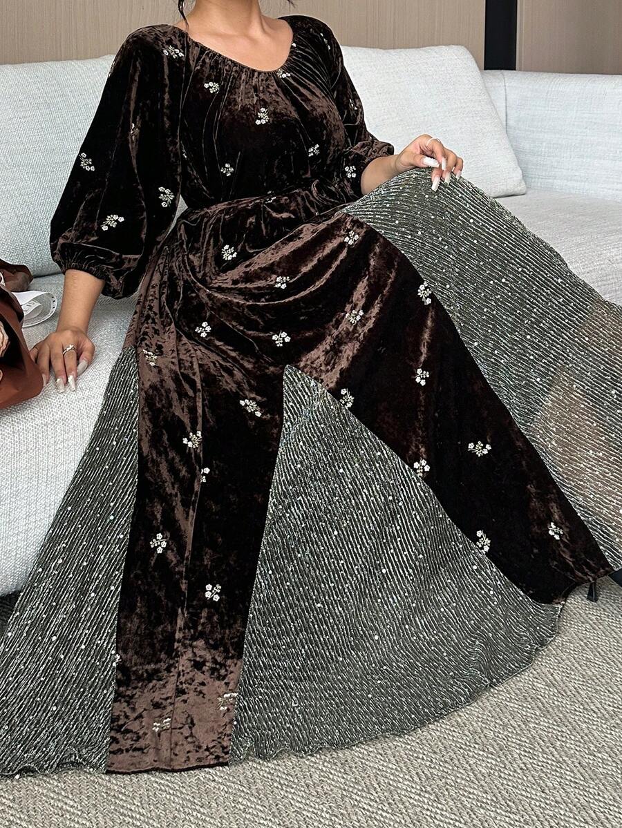Dazy Plus Velvet Floral Embroidery Mesh Patchwork Dress With Flared Dress, Elegant Party Gown For Plus Size Women, Spring/Autumn Maxi Dress Sundress - Brown - View 1