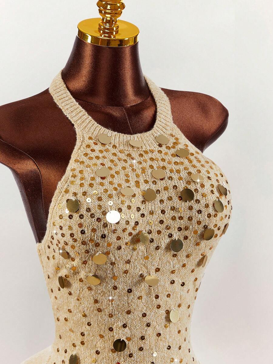 Amplova Váy ngắn hở lưng sequin gợi cảm, váy cổ yếm sequin bất đối xứng phù hợp cho tiệc tùng, mùa thu/đông - Vàng - Xem 1