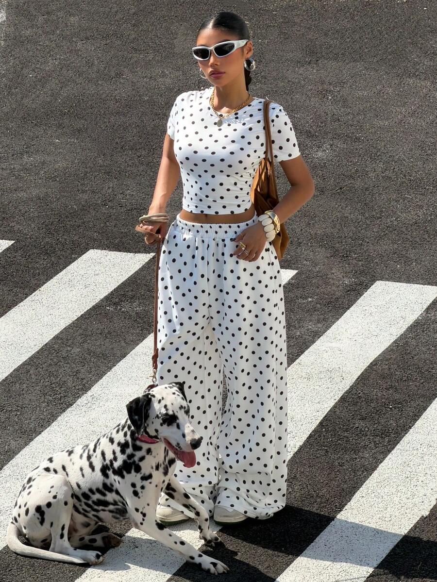 Muchica Summer New Polka Dot Print Tight Short Sleeve T-Shirt And Loose Sweatpants 2 Pieces Set - White - View 1
