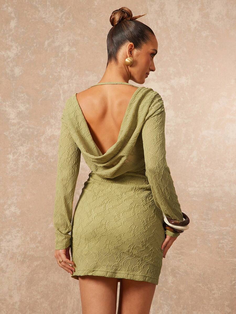 Lumalex Olive Green Autumn Seductive Night Out Mini Dress,Textured Stretch Draped Open-Back Cowl Long Sleeves Soft Crinkle Knit Body-Contouring Elegant Party
