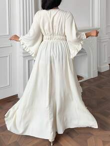 Vibekara Plus Size V-Neck 3/4 Flare Sleeve Ruffle Trim Elegant Vintage Casual Cute Vacation Dress - Apricot - View 2