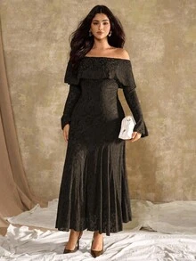 Roveilla 大码女式法式休闲牡丹花卉露肩鱼尾连衣裙 - 咖啡棕 - 查看 8